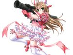  1girl antenna_hair blush bow brown_hair closed_mouth dress frills frown full_body game_cg gloves green_eyes gun hair_ornament higuchi_isami holding holding_rocket_launcher holding_weapon kusunoki_sae long_hair magical_girl mahou_shoujo_sae non-web_source official_art ribbon rifle rocket_launcher self-datamine serious skirt solo thighhighs transparent_background variant_set weapon white_thighhighs zettai_ryouiki 