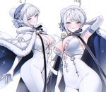  1girl akershus_fortress_(oshiro_project) arm_up armpits beanie blue_cloak blue_eyes blue_hat blush bodysuit breasts cleavage cloak commentary_request commission elbow_gloves fur-trimmed_cloak fur_trim gloves hat haze_(7h4ze) highres large_breasts looking_at_viewer multiple_views oshiro_project:re pixiv_commission pom_pom_(clothes) pom_pom_beanie simple_background smile tight_clothes white_background white_bodysuit white_gloves white_hair 