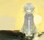  1girl abstract closed_mouth collared_dress cropped_legs dress expressionless hat highres juliet_sleeves long_hair long_sleeves looking_ahead looking_at_viewer maribel_hearn medium_dress mob_cap puffy_sleeves purple_dress sky sleeves_past_fingers sleeves_past_wrists solo standing straight-on sun touhou tsukamoto_anabone wading yellow_background yellow_eyes yellow_sky yellow_theme 
