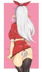  anal anal_object_insertion ass black_legwear elf facing_away hairband highres large_insertion long_hair miniskirt no_panties object_insertion original pointy_ears puffy_sleeves red_skirt silver_hair skirt skirt_tug solo thighhighs urec vibrator vibrator_in_anus 