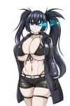  1girl alternate_breast_size_(larger) belt bikini bikini_top_only black_hair black_rock_shooter black_rock_shooter_(character) black_shorts blue_eyes boots breasts coat flaming_eye front-tie_top glowing glowing_eye highres large_breasts long_hair midriff navel no_shirt nya0117 scar shorts solo swimsuit twintails uneven_twintails very_long_hair 