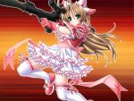  1girl animal_ears antenna_hair blush brown_hair dress frills game_cg gloves green_eyes gun higuchi_isami holding holding_rocket_launcher holding_weapon kusunoki_sae long_hair magical_girl mahou_shoujo_sae non-web_source official_art ribbon rifle rocket_launcher self-datamine serious sniper_rifle solo thighhighs variant_set weapon white_thighhighs 