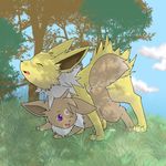  cum cum_drip dripping eevee eeveelution eyes_closed female feral grass hatiimiga jolteon lunamew male nintendo pok&#233;mon pokemon straight video_games young 