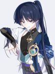  1boy alternate_hair_length_(longer) alternate_hairstyle anemo_symbol_(genshin_impact) aqua_gem arm_at_side arm_up armor belt black_belt black_bodysuit black_bow black_bridal_gauntlets blue_cape blue_kimono blue_sleeves blunt_ends bodysuit bow bridal_gauntlets cape choppy_bangs commentary_request covered_collarbone eyelashes eyeliner feathers fingernails gem genshin_impact gold_ring grey_eyes high_ponytail highres japanese_armor japanese_clothes juban kimono kote kurokote layered_sleeves long_hair looking_at_viewer makeup male_focus mandarin_collar middle_ring open_clothes open_kimono parted_lips pom_pom_(clothes) ponytail purple_rope purple_sash red_eyeliner rope sash scaramouche_(genshin_impact) short_sleeves shoulder_peek side_cape solo takura_0103 twitter_username upper_body wanderer_(genshin_impact) white_background white_kimono white_mouth white_sleeves white_trim yellow_feathers 