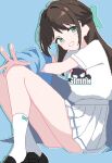  1girl airi_(band)_(blue_archive) airi_(blue_archive) animal_print aqua_bow bare_legs black_shoes blue_archive blue_background blue_coat bow brown_hair cat_print coat coat_partially_removed commentary_request drop_shadow feet_out_of_frame footwear_bow green_eyes grin hair_bow half_updo highres knees_up loafers long_hair looking_at_viewer looking_to_the_side miniskirt pixel_art pleated_skirt print_shirt shirt shirt_tucked_in shoes short_sleeves simple_background sitting skirt slmnk10124 smile socks solo straight_hair t-shirt turning_head white_shirt white_skirt white_socks 