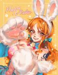 1girl alternate_costume animal_ears bare_shoulders blue_bow blue_dress blue_sleeves blush bow breasts commentary detached_collar detached_sleeves dress easter english_commentary eris21471224 eyelashes fake_animal_ears flower gloves hair_bow happy_easter highres large_breasts long_hair looking_at_viewer low_twintails nami_(one_piece) one_piece orange_hair parted_lips rabbit_ears shoulder_tattoo sidelocks smile solo strapless strapless_dress tattoo twintails upper_body wavy_hair white_gloves yellow_background 