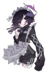  alternate_costume apron black_jacket black_shorts blue_archive casual commentary_request cropped_legs cross-laced_clothes cross-laced_sleeves gradient_hair hair_between_eyes hair_ornament hairclip halo haruka_(blue_archive) high_collar highres jacket jersey_maid long_sleeves looking_at_viewer looking_to_the_side maid maid_apron maid_headdress metronomechan multicolored_hair name_tag no_pupils peanut_mouth purple_eyes purple_hair purple_halo raised_eyebrows ribbon-trimmed_shorts ribbon_trim short_hair_with_long_locks shorts simple_background sleeves_past_fingers sleeves_past_wrists striped_clothes striped_jacket striped_shorts track_jacket tsurime unconventional_maid vertical-striped_clothes vertical-striped_jacket vertical-striped_shorts white_apron white_background white_headdress 