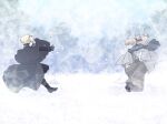  2boys absurdres boots commentary_request fire_emblem fire_emblem_fates hair_ribbon highres holding holding_snowball leo_(fire_emblem_fates) male_focus multiple_boys nknaxs red_ribbon ribbon snow snowball snowball_fight takumi_(fire_emblem) 