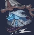  1girl :< :3 blue_hair blue_skin cape chibi colored_skin cracked_skin disembodied_hand elden_ring extra_arms hat highres kelvin_hiu mini_person miniature_ranni minigirl ranni_the_witch robe skateboard solo_focus witch_hat 
