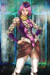  1girl anime_coloring arm_warmers belt bracelet breasts brown_skirt cleavage clothing_cutout commentary cross-laced_clothes cross-laced_cutout cross-laced_sleeves english_commentary fishnet_top fishnets genderswap genderswap_(mtf) hands_on_own_hips hat hatching_(texture) highres horned_hat jewelry jojo_no_kimyou_na_bouken makeup medium_breasts narciso_anasui official_style panties pink_eyes pink_hair pink_lips pink_nails prototype_design purple_arm_warmers purple_hat purple_shirt revealing_clothes shirt short_hair shrimpify131 skirt solo stone_ocean thighhighs underwear white_belt white_panties white_thighhighs 