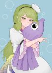 1girl absurdres blonde_hair blue_background clam_shell_ornament closed_mouth commentary dress frilled_sleeves frills green_eyes highres holding holding_stuffed_toy long_hair looking_at_viewer short_sleeves smile solo stuffed_animal stuffed_toy tamateba_co touhou v watari_nina white_dress 
