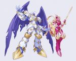  armor blue_wings digimon digimon_(creature) dynasmon full_body helmet highres holding holding_shield knight lordknightmon onion_maru pink_armor pink_helmet red_eyes ribbon shield simple_background torn_wings white_armor white_background white_helmet wings yellow_ribbon 