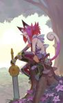  animal_ear_fluff animal_ears commentary gloves highres holding holding_sword holding_weapon horns looking_at_viewer original red_hair solo sword tail tim_loechner tree weapon yellow_eyes 