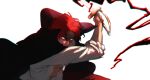  1boy black_coat coat coat_on_shoulders commentary_request fighting_stance haki_(one_piece) highres holding holding_sword holding_weapon looking_at_viewer male_focus mcbuckwheat one_piece red_hair scar scar_across_eye scar_on_face serious shanks_(one_piece) shirt short_hair solo sword upper_body weapon white_background white_shirt 