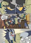 anthro belt black_body black_claws black_ears black_fur black_inner_ear black_mane black_nose blue_body blue_fur bottomwear brown_belt brown_bottomwear brown_clothing brown_pants cheek_markings claws clothing comic crowd eeveelution english_text facial_markings fur generation_2_pokemon generation_3_pokemon generation_4_pokemon grauf_(odeko-yma) green_clothing green_kerchief green_neckerchief green_shirt green_topwear grey_body grey_ears grey_fur group head_markings hi_res kerchief lucky_(odeko-yma) luxray male mane markings mightyena multicolored_body multicolored_fur neckerchief neckwear nintendo odeko-yma onomatopoeia pants pattern_kerchief pattern_neckerchief pokemon pokemon_(species) push red_eyes red_nose ring_(marking) separate shirt shirt_stain sound_effects striped_kerchief striped_neckerchief text topwear umbreon uniform white_claws yellow_body yellow_fur yellow_sclera