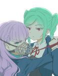  2girls animal_collar aqua_hair blunt_bangs blush braid braided_twintails closed_mouth collar collared_shirt commentary_request dress green_eyes highres holding holding_leash jacket leash long_hair long_sleeves looking_at_viewer love_live! love_live!_superstar!! multiple_girls muzzle_(mask) necosaghi onitsuka_tomari open_mouth pet_play pink_eyes purple_hair red_collar red_eyes ribbon school_uniform shirt side_braids sidelocks smile twin_braids twintails wavy_hair white_shirt wien_margarete yuigaoka_school_uniform 