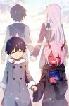  1girl ^_^ book closed_eyes coat commentary_request couple darling_in_the_franxx dual_persona eyebrows_visible_through_hair fingernails fur_trim grey_coat grin hair_between_eyes happy highres hiro_(darling_in_the_franxx) holding holding_book holding_hands hoshizaki_reita long_hair long_sleeves oni oni_horns pink_hair purple_hair red_horns red_skin robe sharp_fingernails sharp_teeth signature smile standing teeth winter_clothes winter_coat younger zero_two_(darling_in_the_franxx) 