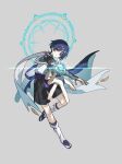  1boy absurdres alalen armor artist_name belt black_belt black_bodysuit black_bow black_bridal_gauntlets black_sandals black_shorts blue_gem blue_halo blue_kimono blue_sleeves blunt_ends bodysuit bow bridal_gauntlets choppy_bangs closed_mouth commentary_request core expressionless full_body furisode gem genshin_impact glint glowing_gem gold_ring grey_background grey_eyes hakama hakama_shorts halo halo_behind_head highres japanese_armor japanese_clothes juban kimono kote kurokote layered_sleeves leg_warmers looking_at_viewer male_focus mandala mandarin_collar middle_ring open_clothes open_hands open_kimono outstretched_arms pleated_shorts purple_hair purple_rope purple_sash rope sandals sash scaramouche_(genshin_impact) short_sleeves shorts solo stirrup_legwear tassel toeless_legwear toes tsurime twitter_username wanderer_(genshin_impact) white_kimono white_leg_warmers white_sleeves zouri 