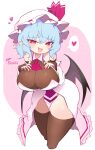  1girl absurdres aged_up alternate_breast_size_(larger) alternate_costume ascot bat_wings blue_hair blush bow breasts bustier cocokana commentary_request detached_sleeves dress english_text hands_on_own_chest hat hat_ribbon heart highres large_breasts looking_at_viewer mob_cap nail_polish open_mouth pelvic_curtain pink_dress pointy_ears red_ascot red_eyes red_nails remilia_scarlet ribbon short_hair simple_background skirt smile smug solo spoken_heart thighhighs touhou touhou_futanari_scarlet_escape wings 