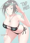  1girl absurdres bikini black_bikini black_hair breasts character_request copyright_request dog_tags extrakrispykari eyewear_on_head green-tinted_eyewear green_background green_eyes green_hair highres large_breasts meme multicolored_hair partially_invisible short_hair side-tie_bikini_bottom simple_background solo sunglasses swimsuit tap_me_(meme) tinted_eyewear two-tone_hair 