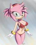  2018 amy_rose anthro armwear big_breasts bikini breasts camel_toe cleavage clothed clothing eyelashes female fur gloves green_eyes hair hedgehog hi_res kinglikeme looking_at_viewer mammal navel pink_fur pink_hair simple_background skimpy smile solo sonic_(series) standing swimsuit underwear video_games 