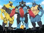 absurd_res aircraft anthro balls big_muscles big_penis black_body black_fur blue_body blue_eyes blue_fur bodily_fluids canid canine city croiyan erection felid fur generation_4_pokemon generation_7_pokemon genital_fluids genitals group helicopter hi_res humanoid_genitalia humanoid_penis legendary_pokemon lucario luxray macro male mammal muscular muscular_male nintendo penis pokemon pokemon_(species) precum red_eyes shinx spines vehicle worship yellow_body yellow_eyes yellow_fur zeraora
