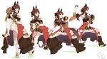  1girl absurdres animal_ears ball bare_shoulders baseball_mitt blush braid braided_hair_rings breasts brown_hair cleavage clenched_teeth closed_mouth commentary_request corset detached_sleeves dress ear_covers ear_ornament gentildonna_(regina_dei_fiori)_(umamusume) gentildonna_(umamusume) gloves hair_between_eyes hair_ornament hair_rings haneu_kaku heart-shaped_ornament heart_ear_ornament highres holding holding_ball horse_ears horse_girl large_breasts leg_up long_hair metal_ball multiple_views open_clothes open_mouth pitching red_corset red_eyes see-through_cleavage see-through_clothes smile standing standing_on_one_leg teeth thighhighs throwing umamusume white_gloves white_thighhighs 