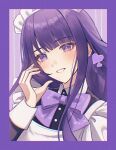  1girl blue_pupils blunt_bangs blush bow bowtie close-up collared_dress commentary dress genshin_impact hal_aluha highres long_sleeves looking_at_viewer maid maid_headdress mole mole_under_eye multicolored_eyes parted_lips purple_background purple_eyes purple_hair raiden_shogun shy solo upper_body 