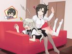  2girls ? ^^^ ahoge apron ass ass_smack black_apron black_hair black_skirt blush bow bowtie breasts checkered_bow checkered_bowtie checkered_clothes chinese_commentary closed_mouth collared_shirt commentary_request commission dress_shirt folded_ponytail frilled_apron frills green_eyes grey_eyes grey_hair hair_between_eyes haiyore!_nyaruko-san hand_up highres huge_ahoge indoors large_breasts legs_up lightning_ahoge long_hair looking_ahead looking_at_another lying lying_on_lap medium_hair motion_lines multiple_girls no_panties nyarlathotep_(nyaruko-san) on_stomach open_mouth puff_of_air puffy_short_sleeves puffy_sleeves punishment riddle_aster second-party_source shirt short_sleeves sidelocks skirt smile soles spanked spanking split_mouth spoken_character straight_hair sweatdrop tearing_up teeth the_pose thighhighs trembling upper_teeth_only v-shaped_eyebrows white_shirt white_thighhighs wide-eyed yasaka_mahiro yasaka_yoriko 