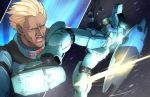  blonde_hair commentary_request cut-in dark_skin dark_skinned_male gm_custom gun gundam gundam_0083 highres machine_gun mecha pilot_suit rifle saiki_rider shield south_burning space weapon 