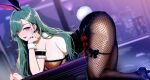  1girl alternate_costume animal_ears black_pantyhose breasts commentary commission ear_piercing fishnet_pantyhose fishnets green_hair hair_ornament high_heels highres huge_breasts jewelry katsurai_yoshiaki leotard long_hair looking_at_viewer nail_polish pantyhose piercing playboy_bunny purple_eyes rabbit_ears rabbit_tail red_nails sideboob skeb_commission solo tail untranslatable_commentary virtual_youtuber vspo! watermark wrist_cuffs yakumo_beni yakumo_beni_(2nd_costume) 