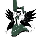  1girl alternate_eye_color arm_cannon arms_up avian_zebra bird_wings black_hair black_wings bow breasts bright_pupils cape center_frills chest_eye closed_mouth collared_shirt commentary dot_nose flat_color frilled_shirt frills green_bow green_skirt hair_bow highres large_breasts limited_palette long_hair puffy_short_sleeves puffy_sleeves reiuji_utsuho shirt short_sleeves simple_background skirt smirk solo starry_sky_print third_eye touhou two-sided_cape two-sided_fabric v-shaped_eyebrows weapon white_background white_cape white_pupils wings 