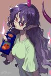  1girl commentary_request drinking_straw drinking_straw_in_mouth green_shirt highres juice long_hair looking_at_viewer orange_juice pointy_ears purple_hair red_eyes shirt signature simple_background solo syope tenkajin_chiyari touhou 