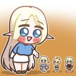  4girls alternate_costume banshee_(last_origin) blonde_hair blue_eyes blush_stickers breasts cerestia_of_life chibi chibi_only clooliss commentary_request dual_persona elf gradient_background green_eyes green_hair habetrot_(last_origin) hair_bun highres korean_commentary large_breasts last_origin long_hair mini_person minigirl multiple_girls pants parted_bangs pointy_ears red_eyes shirt short_hair skirt slippers smile standing triangle_mouth very_long_hair 