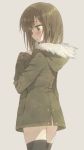  bangs black_legwear blush brown_eyes brown_hair coat cowboy_shot from_behind fur-trimmed_coat fur_trim grey_background hand_on_own_chest hood hood_down hooded_coat long_sleeves no_pants original simple_background solo thighhighs tsuke_(maholabo) winter_clothes 