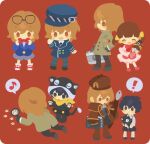  ! 1girl 2boys ace_attorney aged_down akechi_goro amamiya_ren black_eyes black_gloves black_hair black_pants black_shoes blue_hat blue_ribbon blush bow bowtie brown_hair brown_hat buttons commentary_request cosplay double-breasted doujima_nanako dress edogawa_conan edogawa_conan_(cosplay) gloves hair_between_eyes hat herlock_sholmes herlock_sholmes_(cosplay) holding holding_magnifying_glass holding_suitcase kneeling magnifying_glass meitantei_conan morgana_(persona_5) morgana_(persona_5)_(cosplay) multiple_boys multiple_views musical_note neck_ribbon notepad pants paw_print pencil persona persona_4 persona_5 pink_dress red_bow red_bowtie red_eyes red_shoes ribbon rizu_(rizunm) shirogane_naoto shirogane_naoto_(cosplay) shoes short_hair simple_background smile smoking_pipe speech_bubble suitcase the_great_ace_attorney 