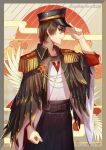  absurdres akechi_gorou artist_name black_hakama black_hat brown_eyes brown_hair collarbone cowboy_shot epaulettes hakama hat highres japanese_clothes kimono male_focus mozer_(zerlinda) persona persona_5 solo standing white_kimono 