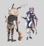  2boys absurdres alalen antennae aqua_gem armlet armor arms_at_sides bandaged_arm bandages barefoot belt black_belt black_boots black_bow black_bridal_gauntlets black_coat black_horns black_sandals black_shorts black_skin black_sleeves black_tail blue_kimono blunt_ends boots bow bridal_gauntlets bright_pupils broken broken_weapon brown_loincloth carrying chest_jewel child_carry choppy_bangs closed_mouth club_(weapon) coat collared_coat colored_skin commentary_request contrast_collar crossed_bandaids crossed_bangs dragon_horns dragon_tail dragon_wings durin_(genshin_impact) eyeliner feathers fire forehead_jewel frown full_body furisode gem genshin_impact gold_armlet gold_ring grey_background hair_between_eyes hakama hakama_shorts hand_on_another's_hip hand_up hands_on_another's_shoulder head_bump highres hilichurl_(genshin_impact) holding holding_club holding_weapon horns japanese_armor japanese_clothes jewelry juban kimono kote kurokote leg_warmers long_sleeves looking_at_creature low_wings makeup middle_ring multiple_boys open_clothes open_coat open_kimono pants pleated_shorts pom_pom_(clothes) purple_eyes purple_hair purple_horns purple_rope purple_sash purple_vest purple_wings red_eyeliner red_eyes red_gem rope sandals sash scaramouche_(genshin_impact) shorts standing stirrup_legwear tail tears toeless_legwear toes tsurime twitter_username v vest vision_(genshin_impact) wanderer_(genshin_impact) weapon white_hair white_kimono white_leg_warmers white_pants white_pupils wings yellow_feathers zouri 