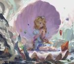  1girl absurdres animal black_hairband blonde_hair clam_shell commentary_request dress frilled_sleeves frills hair_ornament hairband hands_in_own_hair highres kaigen_1025 long_hair oversized_animal shell shell_hair_ornament sitting solo touhou twitter_username very_long_hair watari_nina white_dress wide_sleeves yellow_eyes 