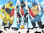 absurd_res aircraft anthro balls big_muscles big_penis black_body black_fur blue_body blue_fur bodily_fluids canid canine city croiyan cum cum_on_ground erection excessive_cum excessive_genital_fluids eyes_closed felid flooding fur generation_4_pokemon generation_7_pokemon genital_fluids genital_outline genitals group helicopter hi_res humanoid_genitalia humanoid_penis legendary_pokemon lucario luxray macro male mammal muscular muscular_male nintendo orgasm penis pokemon pokemon_(species) shinx spines vehicle worship yellow_body yellow_fur zeraora