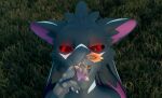 3_fingers 3d_(artwork) 4_ears absurd_res anthro avali blue_markings breath_fog butt claws cybernetic_eye cybernetics dark_body dark_feathers dark_fur digital_media_(artwork) duo feathers fingers fur glowing glowing_eyes grass hi_res imminent_vore larger_pred machine macro macro_pred male markings micro micro_prey multi_ear oral_vore orange_markings orange_paws paws plant red_eyes size_difference spiri'vali standing swallowing talos_(talos_99) umbry umbry_moonlight vore