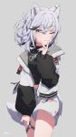  1girl :3 ;3 absurdres akashi_(4kc_27) animal_ear_piercing animal_ears artist_name black_jacket black_sweater closed_mouth cowboy_shot cropped_sweater dog_ears dog_girl dog_tail fishnet_pantyhose fishnets grey_background grey_eyes grey_hair grey_jacket grey_shorts hand_up highres jacket kmnz medium_hair multicolored_jacket navel one_eye_closed pantyhose shorts simple_background solo sweater tail thighs tina_(kmnz) two-tone_jacket v v_over_mouth virtual_youtuber 