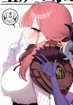  2girls aru_(blue_archive) black_horns blue_archive blush breasts brown_coat brown_horns coat coat_on_shoulders commentary_request demon_horns elbow_gloves finger_to_mouth from_side fur-trimmed_coat fur_trim gloves grin hand_up highres hina_(blue_archive) hina_(dress)_(blue_archive) horns index_finger_raised kakinarchiveman large_breasts long_hair long_sleeves looking_at_viewer low_horns multiple_girls multiple_horns neck_ribbon orange_eyes purple_gloves red_hair red_ribbon ribbon shirt shushing simple_background smile upper_body waving white_background white_gloves white_shirt 