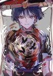  1boy armor arms_at_sides bird black_hair black_hat black_kimono black_sleeves blunt_ends bright_pupils closed_mouth commentary_request crow eyeliner genshin_impact gold grey_eyes grey_veil hat highres innagaja japanese_armor japanese_clothes jingasa juban kimono korean_commentary kote layered_sleeves looking_at_viewer makeup male_focus o-ring open_clothes open_kimono purple_sash purple_sleeves red_eyeliner red_hat red_kimono ripples sash scaramouche_(genshin_impact) signature smile solo straight-on tsurime twitter_username two-tone_hat upper_body veil white_background white_kimono white_pupils wispy_bangs 