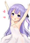 :o \o/ armpits arms_up azur_lane bare_arms bare_shoulders black_ribbon blush commentary_request criss-cross_halter dress hair_bun hair_ribbon halterneck heart highres long_hair looking_at_viewer neko_miyabi_(artist) one_side_up open_mouth outstretched_arms purple_eyes purple_hair ribbon side_bun simple_background solo unicorn_(azur_lane) very_long_hair white_background white_dress 