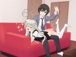  1boy 1girl :d ahoge apron aroused ass ass_smack back_bow black_apron black_bow black_hair black_pants blush bow bowtie checkered_bow checkered_bowtie checkered_clothes chinese_commentary clenched_teeth closed_eyes commentary_request commission couch eyebrows_hidden_by_hair female_pervert frilled_apron frills full_body furrowed_brow grey_eyes grey_hair grey_jacket hair_between_eyes haiyore!_nyaruko-san hand_up hands_on_own_cheeks hands_on_own_face hands_up heart heart_ahoge hetero highres huge_ahoge indoors jacket knees_together_feet_apart legs_up long_hair looking_at_another lying lying_on_lap masochism motion_lines no_panties no_shoes nyarlathotep_(nyaruko-san) on_couch on_stomach open_clothes open_jacket open_mouth pants pervert puffy_short_sleeves puffy_sleeves riddle_aster second-party_source shirt short_sleeves sitting smile soles spanked spanking sparkle straight_hair suit_jacket sweatdrop teeth the_pose thighhighs v-shaped_eyebrows white_shirt white_thighhighs yasaka_mahiro 