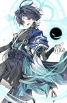  1boy arm_at_side armor belt black_belt black_bodysuit black_bow black_bridal_gauntlets black_hole black_shorts blue_cape blue_gem blue_halo blue_kimono blue_sleeves blunt_ends blush bodysuit bow bridal_gauntlets cape choppy_bangs covered_collarbone curled_fingers dutch_angle eyeliner feathers fingernails furisode gem genshin_impact hakama hakama_shorts halo halo_behind_head hand_up highres japanese_armor japanese_clothes juban kimono kote kurokote layered_sleeves lee_01270029 looking_at_viewer makeup male_focus mandala open_clothes open_kimono open_mouth pale_skin pleated_shorts pom_pom_(clothes) purple_eyes purple_pupils purple_rope purple_sash red_eyeliner rope sash scaramouche_(genshin_impact) short_sleeves shorts side_cape solo tassel teeth tongue tsurime turtleneck turtleneck_bodysuit vision_(genshin_impact) vortex wanderer_(genshin_impact) white_background white_kimono white_sleeves white_trim wind yellow_feathers 