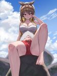  1girl absurdres atelier_(series) atelier_ryza atelier_ryza_1 barefoot beret black_panties blue_sky breasts brown_eyes brown_hair cleavage cloud commentary_request feet hat highres korean_commentary large_breasts medium_hair midriff_peek navel on_rock open_fly panties panty_peek red_shirt reisalin_stout shirt sitting sky solo tank_top thighs toes tokuya underwear wet white_tank_top 