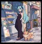  1girl amazu_(kurozu) aqua_eyes aqua_hair baggy_pants bare_shoulders black_pants black_tank_top donut eevee food hand_in_pocket hatsune_miku highres looking_at_another pants poke_ball_print pokemon pokemon_(creature) rare_candy shirt shop sleeveless sleeveless_shirt solo tail tail_wagging tank_top vocaloid wobbuffet 