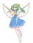  1girl absurdres barefoot blue_skirt blue_vest bow closed_mouth collared_shirt commentary_request daiyousei fairy fairy_wings frilled_skirt frills full_body green_eyes green_hair hair_bow highres long_hair looking_at_viewer nnn_lu one-hour_drawing_challenge one_side_up puffy_short_sleeves puffy_sleeves shirt short_sleeves simple_background skirt smile solo toes touhou vest white_background white_shirt wings yellow_bow 